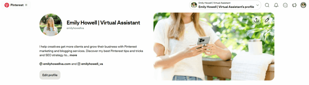 Example of a business Pinterest account profile that has been optimized