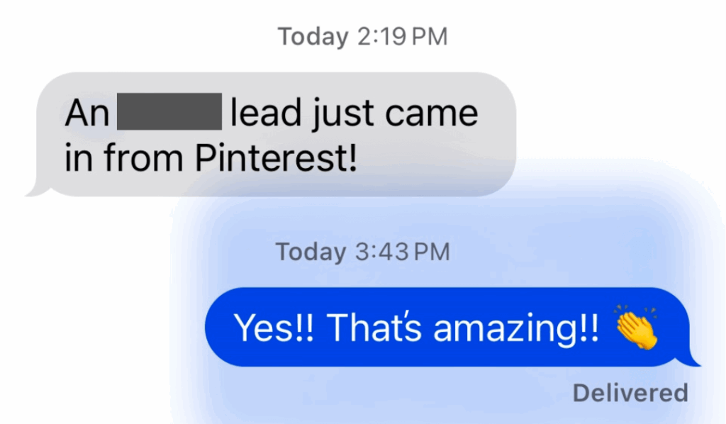 Example text message of a stationer client getting an inquiry from Pinterest