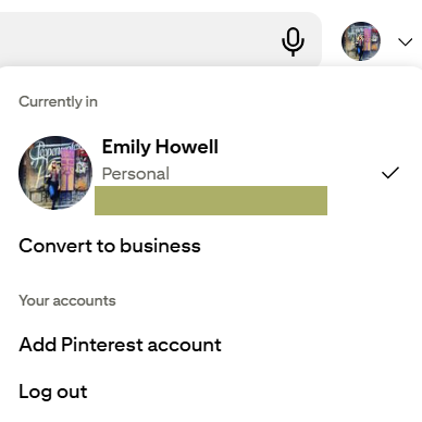 Example of how to convert a personal account to a business Pinterest account