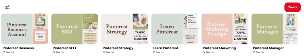 Example Pinterest board titles from a Pinterest manager's account
