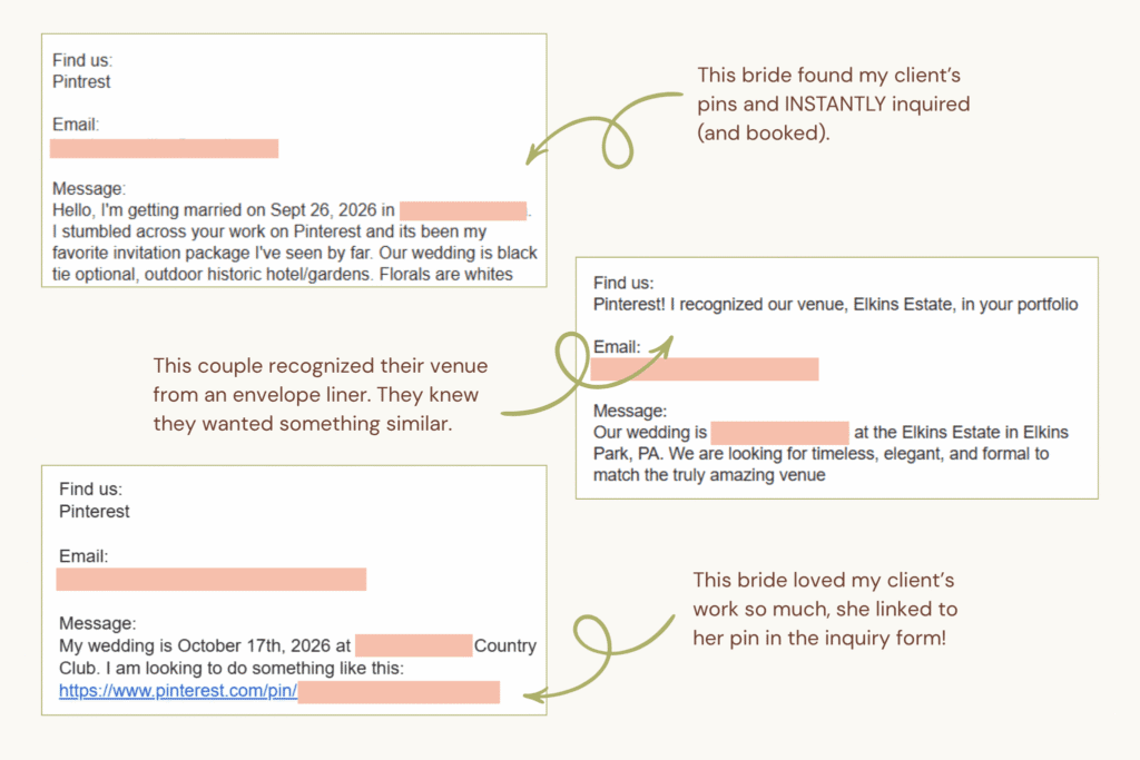 Screenshots of wedding stationery inquiries from brides who found a wedding stationer's work on Pinterest and loved it
