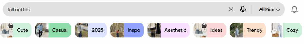 Pinterest search bar with keyword bubble suggestions underneath