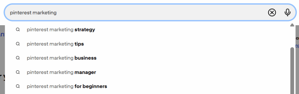 Pinterest dropdown menu suggesting long tail keywords
