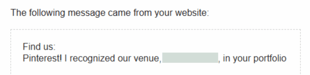 Website contact form for a wedding stationer listing Pinterest as the lead source