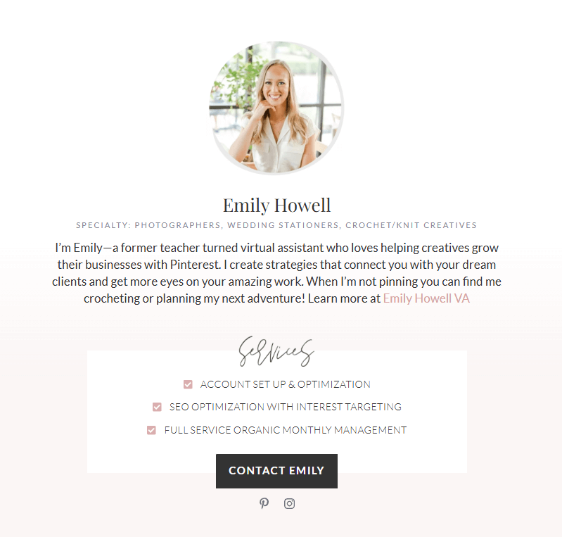 Levee Road Studio recommended Pinterest manager bio of Emily Howell VA