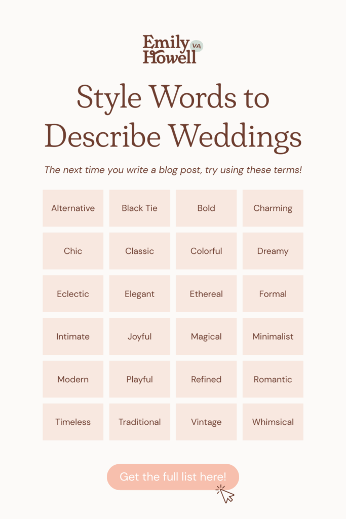 Table of style words used to describe weddings