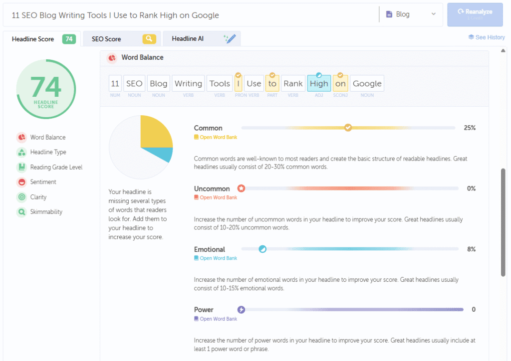 An example of Headline Studio, an SEO blog writing tool that analyzes your blog title