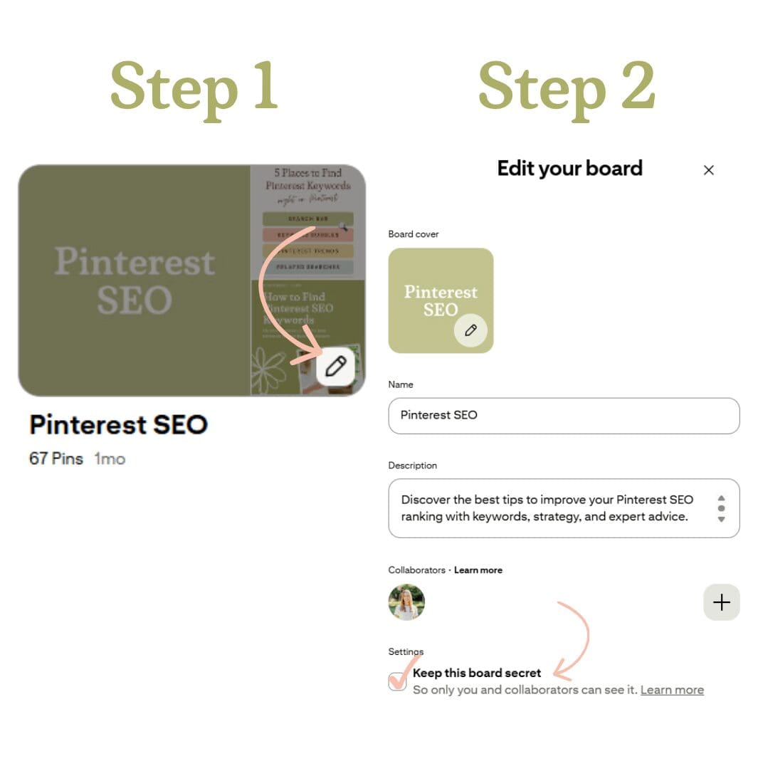 Example of how to make an existing Pinterest board secret