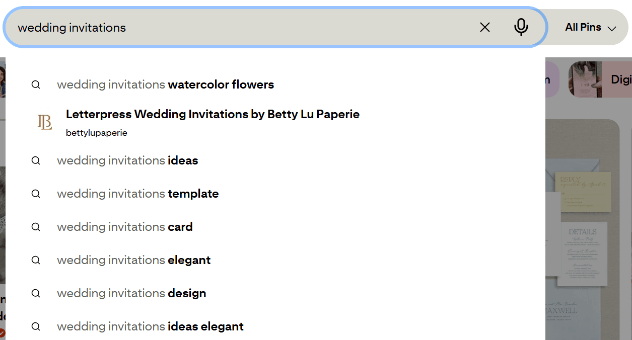 Pinterest search bar displaying suggested search terms for wedding invitations