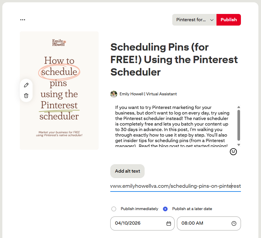 Pinterest native scheduler displaying how to schedule a pin
