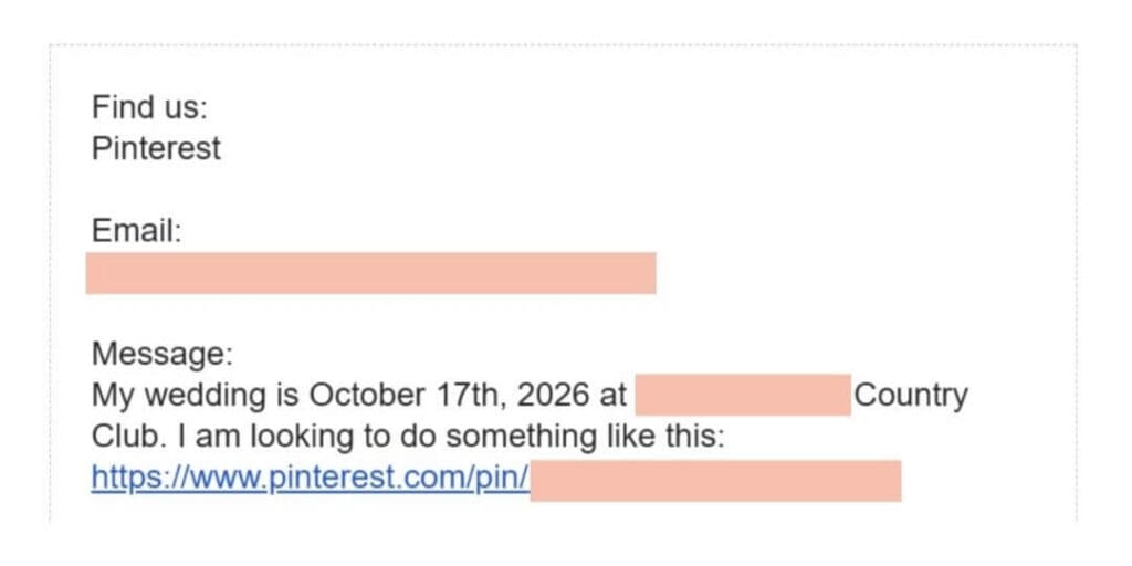 Real inquiry from an engaged couple who found a wedding stationer's work on Pinterest and inquired about custom invitations