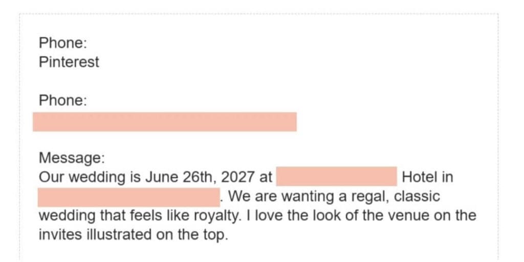 Real inquiry from an engaged couple who found a wedding stationer's work on Pinterest and inquired about custom invitations