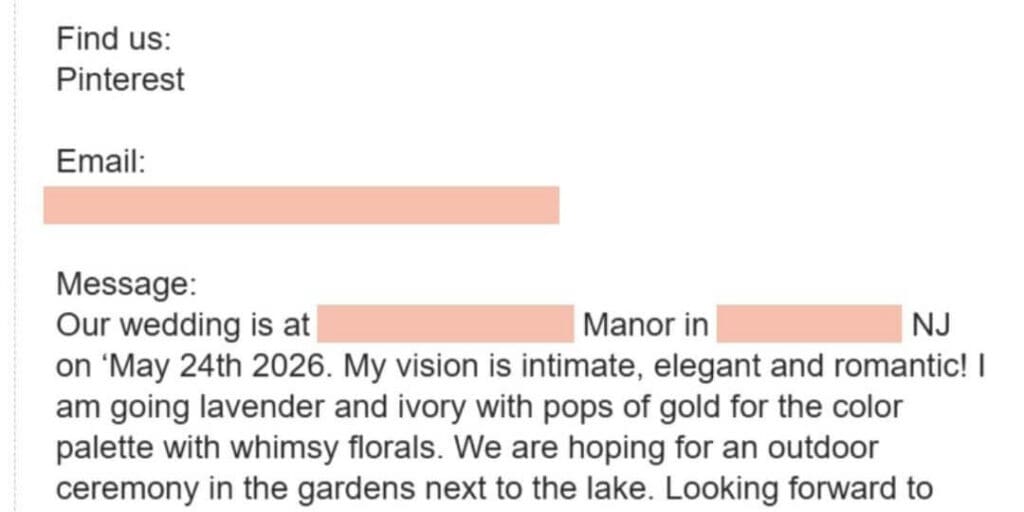 Real inquiry from an engaged couple who found a wedding stationer's work on Pinterest and inquired about custom invitations
