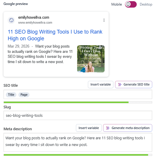 Example of Yoast, an SEO blog writing tool