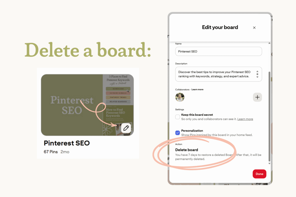 Visual instructions for how to delete a Pinterest board