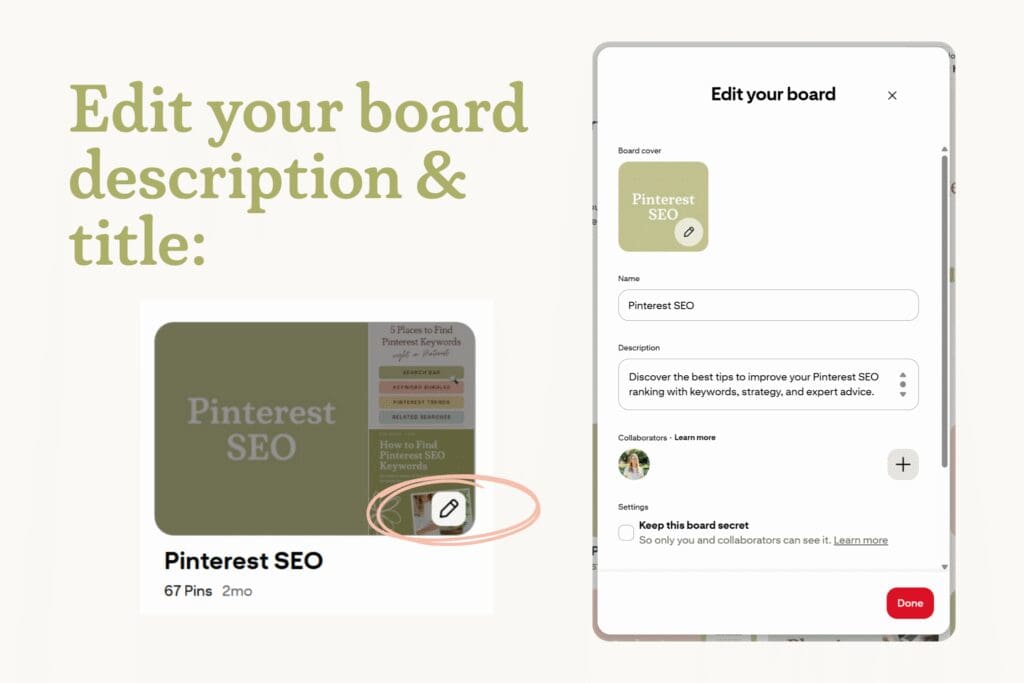 Visual instructions for how to edit your Pinterest board title & description