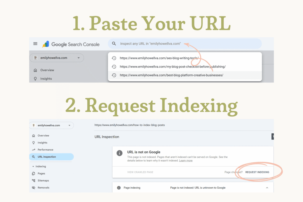 Visual example of how to request indexing on Google Search Console