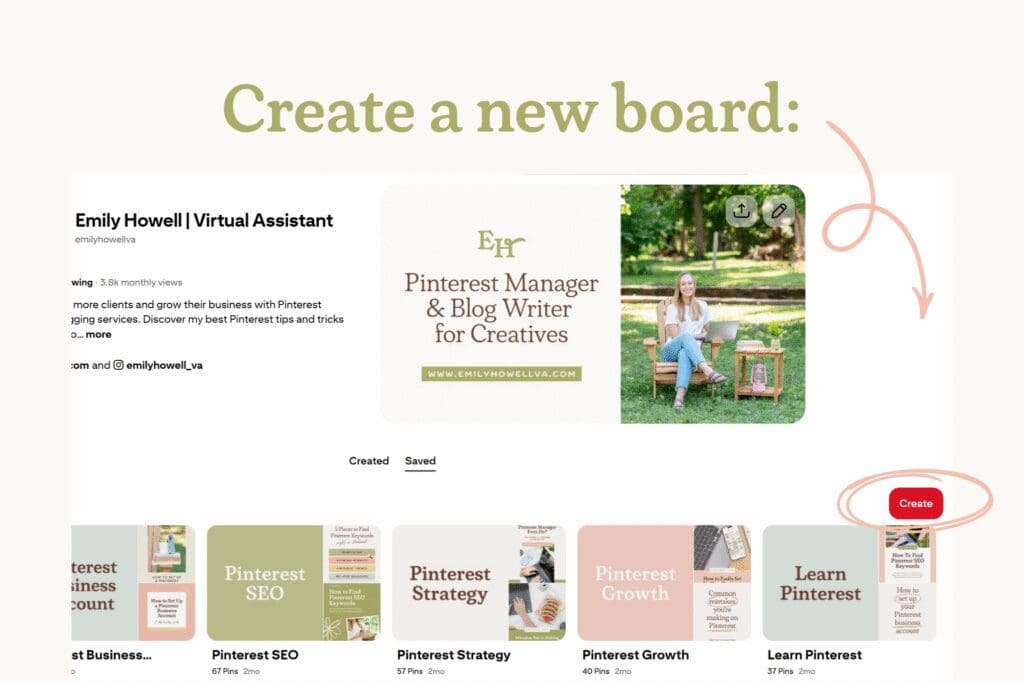 Visual instructions for how to create a new Pinterest board