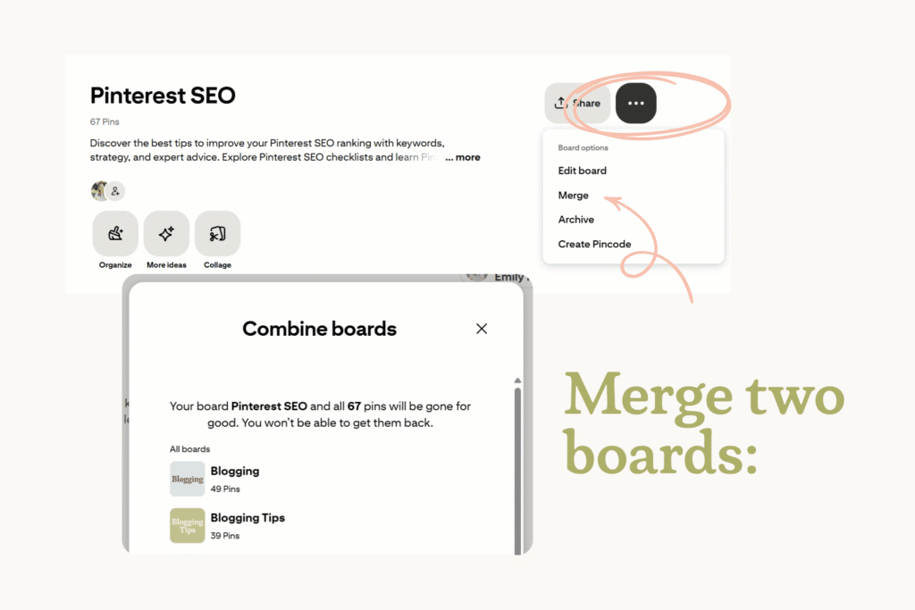 Visual instructions for how to merge Pinterest boards