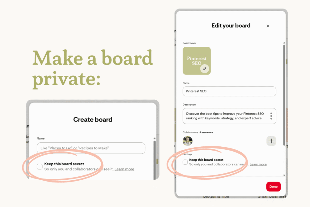 Visual instructions for how to make a Pinterest board private