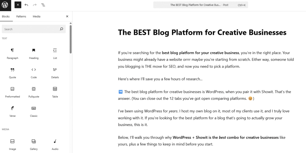 Example of what writing a WordPress blog post looks like in the editor