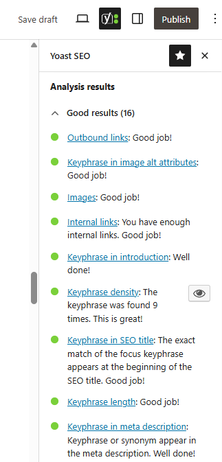 Example Yoast SEO sidebar for SEO for a WordPress blog