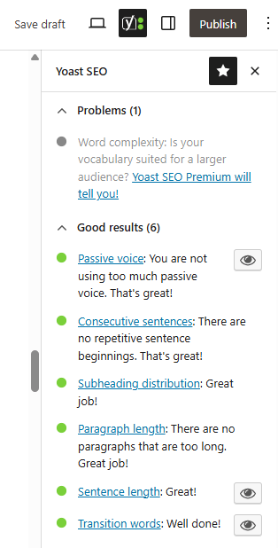 Example Yoast SEO sidebar for readability for a WordPress blog