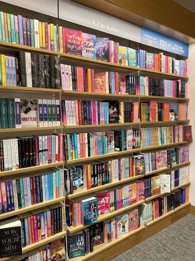 Well-organized bookshelf in a bookstore